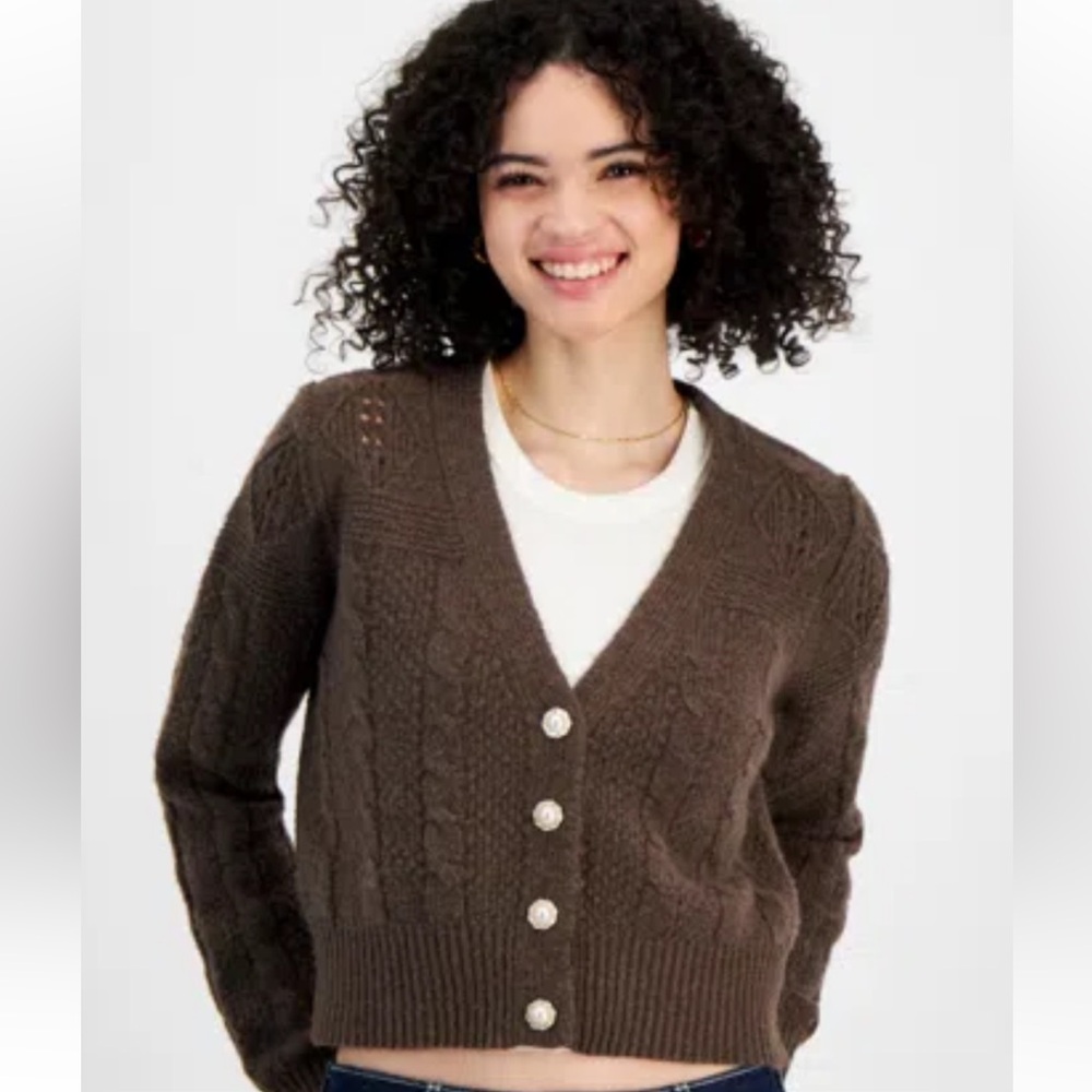Sugar Moon Junior’s New Brown Cable Knit Bling Button Cardigan Sweater Small